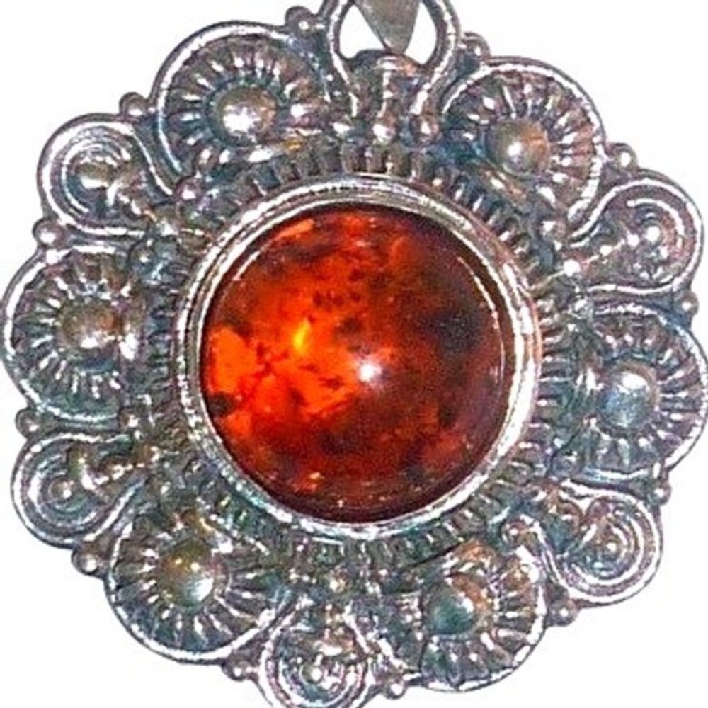 NOS Vintage 925 Sterling Silver Baltic Amber Cognac Cabochon Pendant 1"